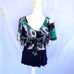 Women's Espresso Blouse Sz S Butterfly Flutter Sleeves Teal Green Black Blue